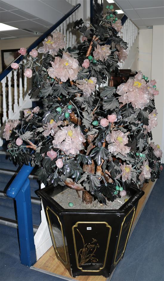 A massive pair of Chinese hardstone mounted models of trees in lacquer jardineres, late 20th century H.210cm approx